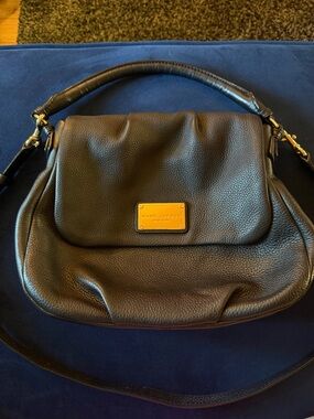 Marc Jacobs Black Pebbled Leather Crossbody Shoulder Bag with Gold Plaque